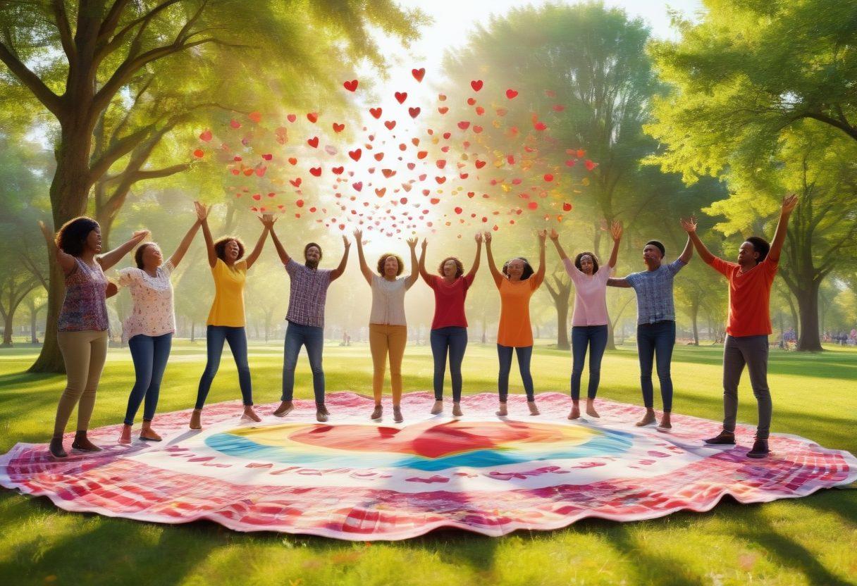 A diverse group of joyful individuals sharing smiles and laughter, surrounded by uplifting symbols of support like hearts and helping hands. Bright colors evoke a sense of positivity, while a backdrop of a sunlit park enhances the cheerful atmosphere. Include elements that represent community and connection, such as a picnic blanket and a support banner. vibrant colors. 3D. soft-focus.