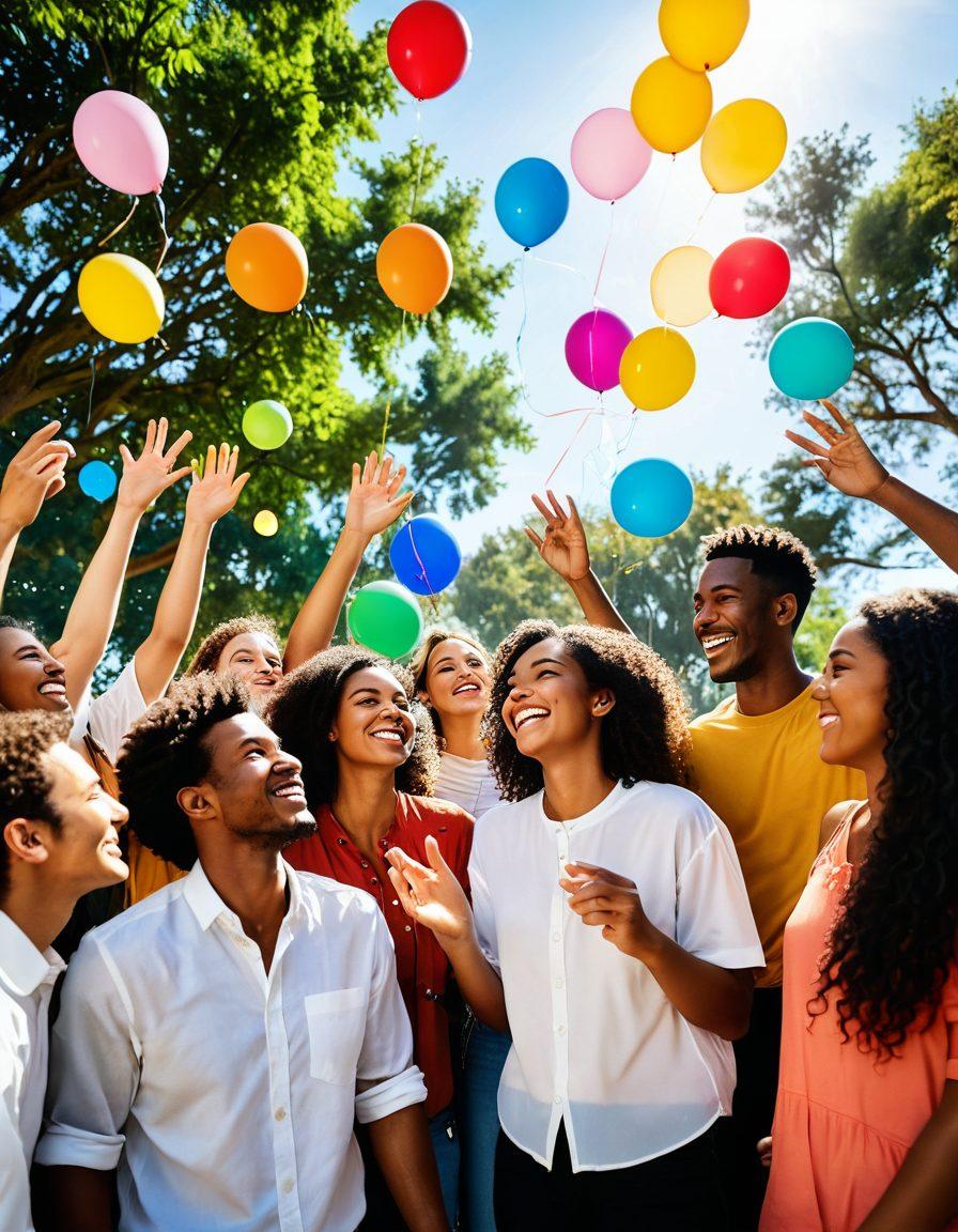 A diverse group of cheerful people connecting and sharing ideas in a vibrant, outdoor setting, surrounded by nature to symbolize happiness and community. Include elements like balloons, confetti, and light rays shining down. The background should feature a colorful sky and lush greenery to create an uplifting atmosphere. super-realistic. vibrant colors. soft focus.